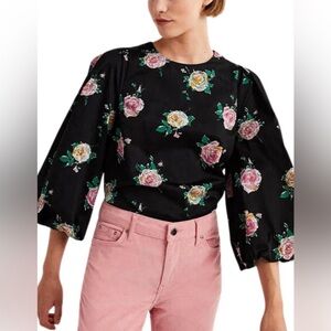 Boden Rose Pattern Blouse with Large Puff Sleeves
